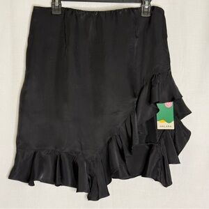HALARA Black Satin Flirty Asymmetrical Ruffle Skirt Large NWT